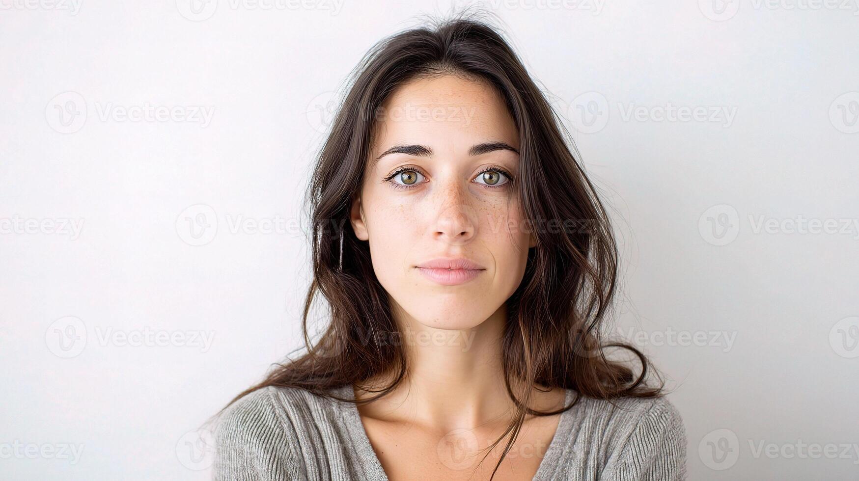 A woman with long brown hair is looking at the camera photo