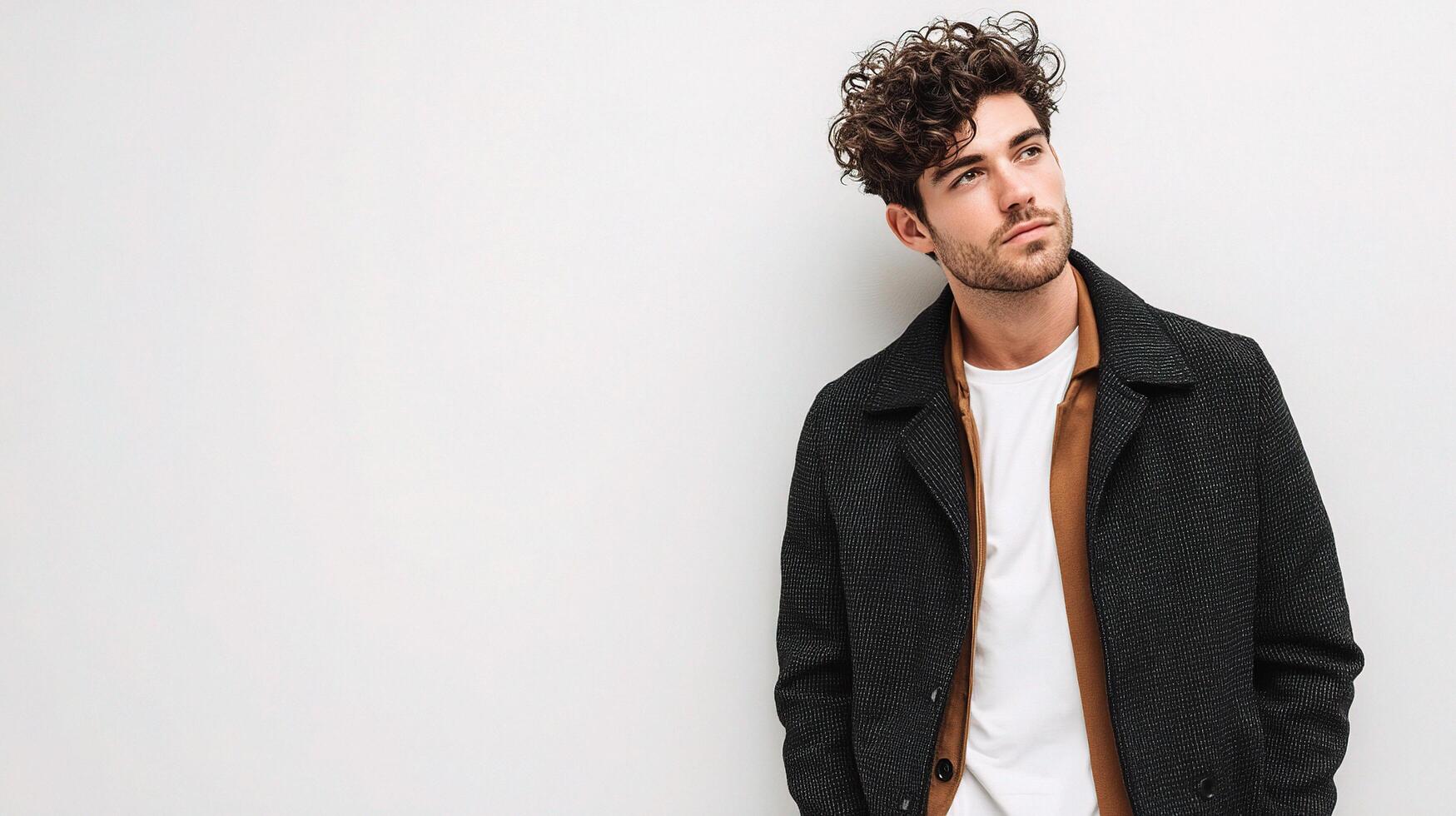 A man with curly hair wearing a coat and a white shirt photo