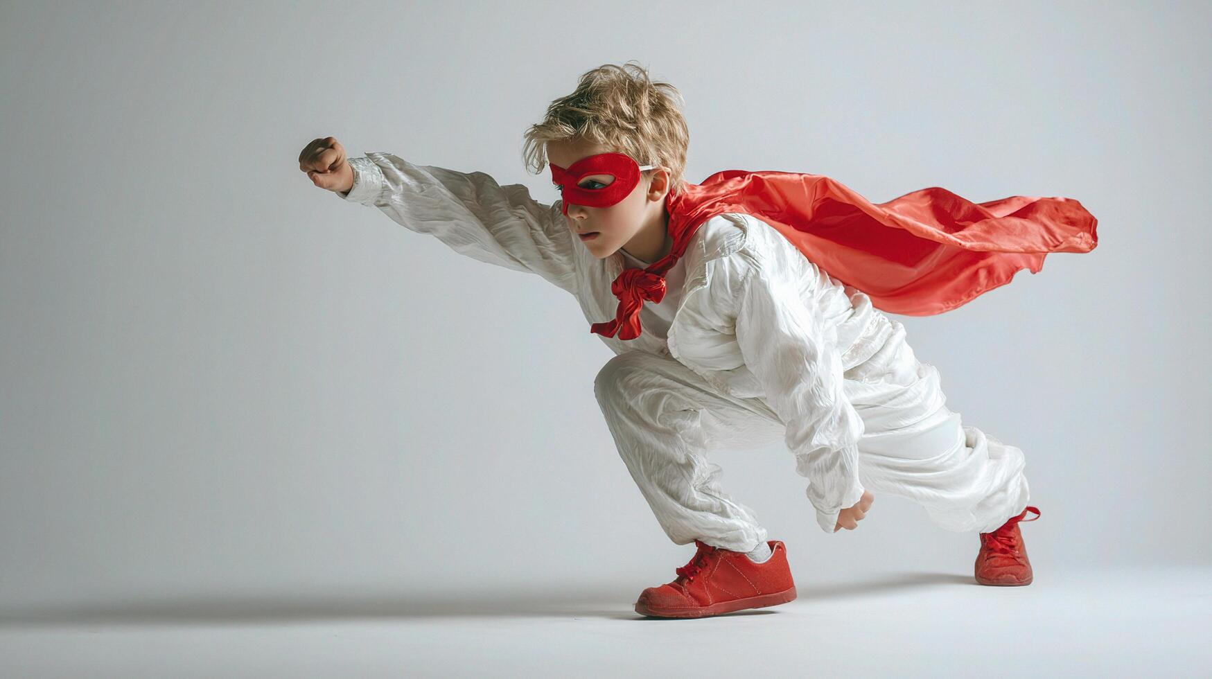 A young boy in a white suit and red cape photo
