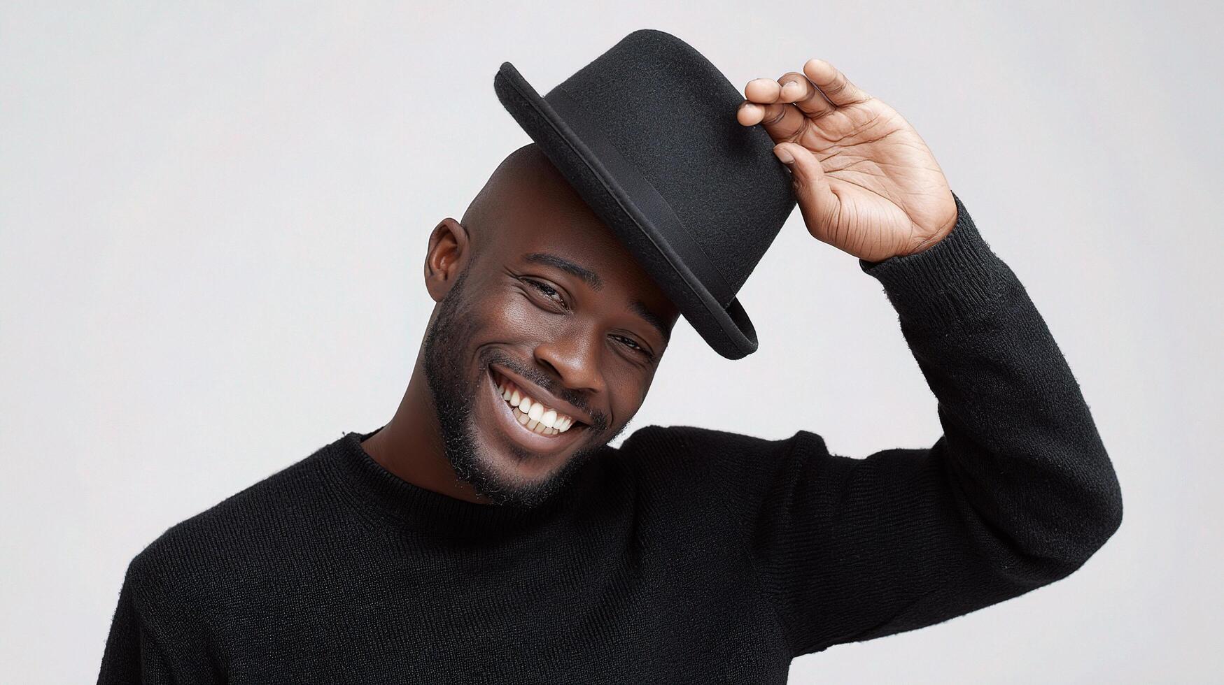 A man is smiling while wearing a hat photo