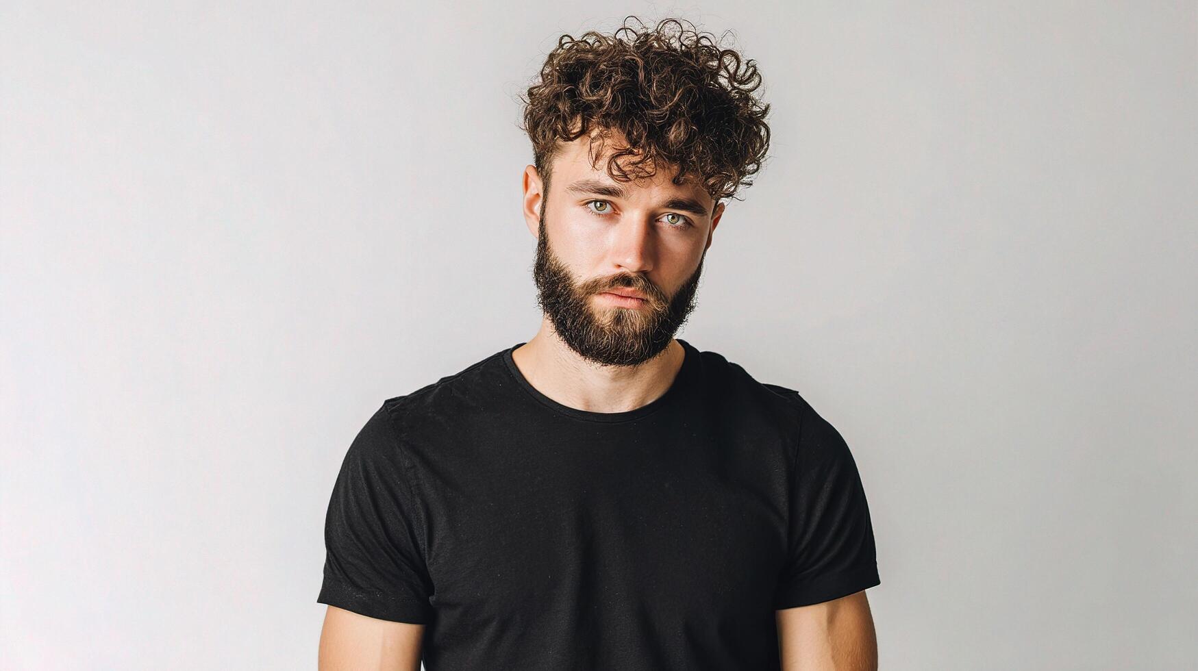 A man with curly hair and beard wearing a black t - shirt photo