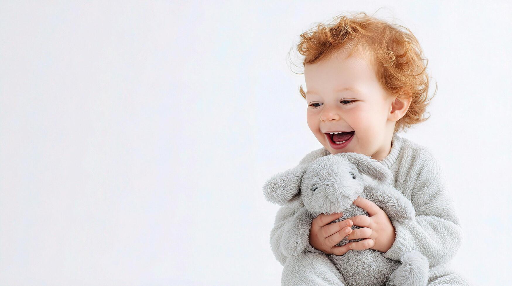 A baby laughing with a stuffed animal photo