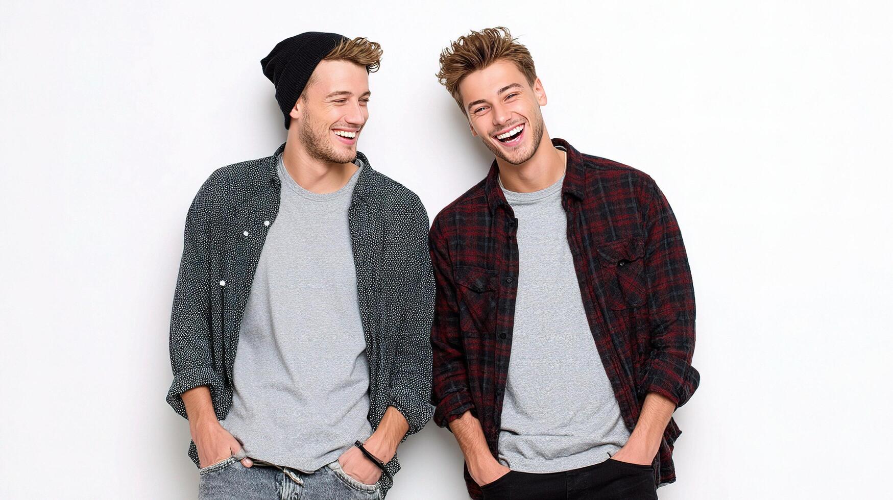 Two young men are smiling and standing next to each other photo