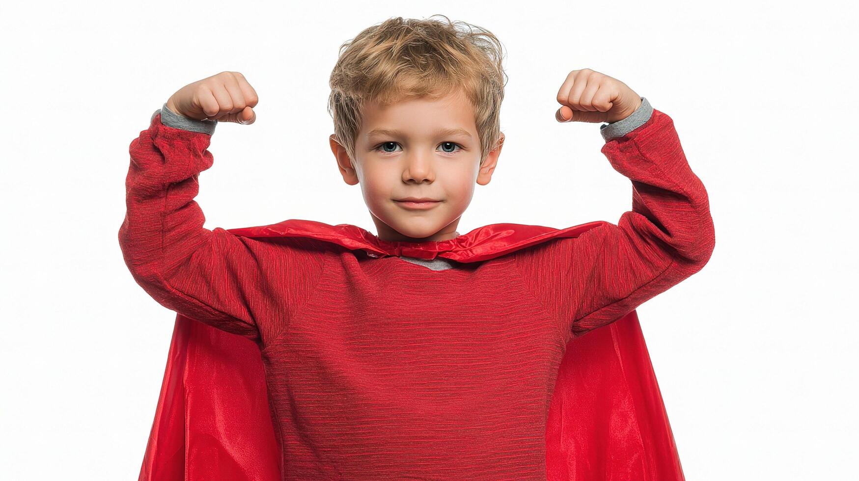 A young boy in a red shirt and cape photo