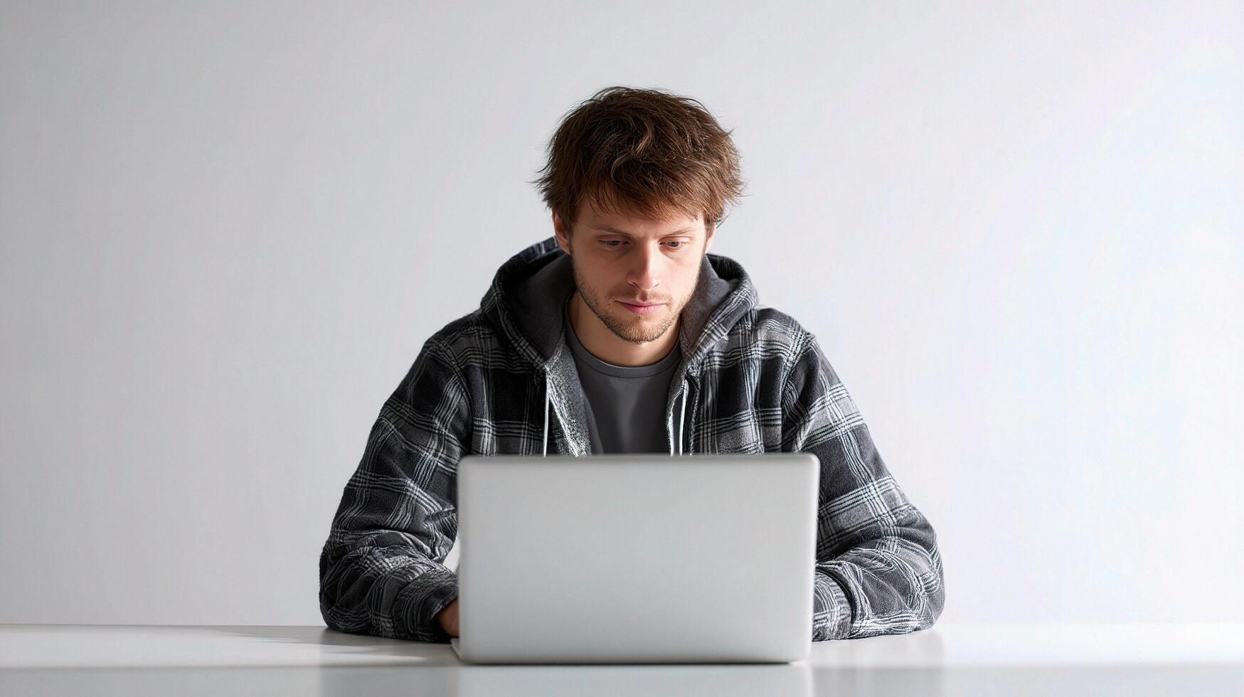 A man in a hoodie is sitting at a table with a laptop photo