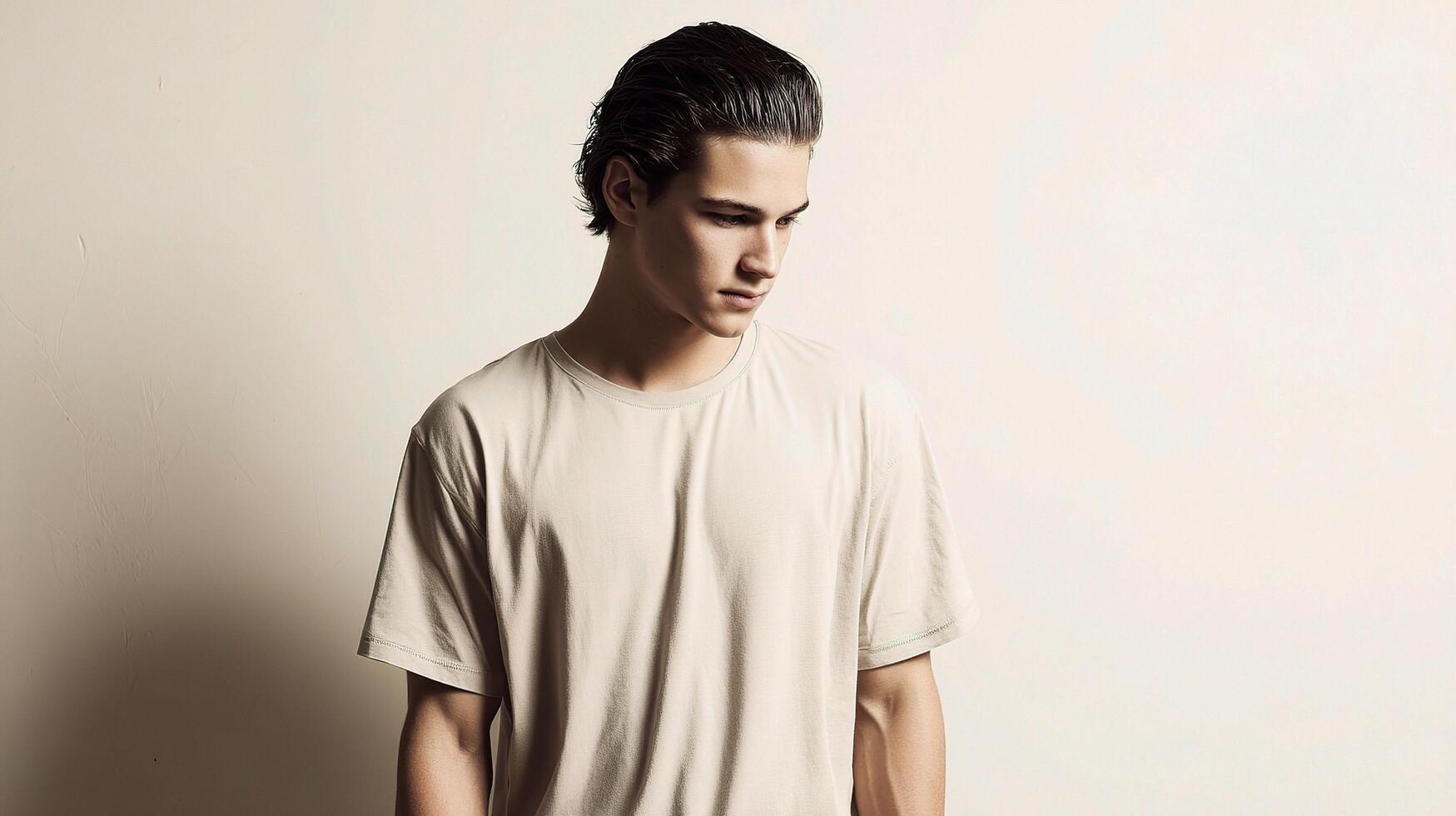 A man in a t - shirt standing against a wall photo