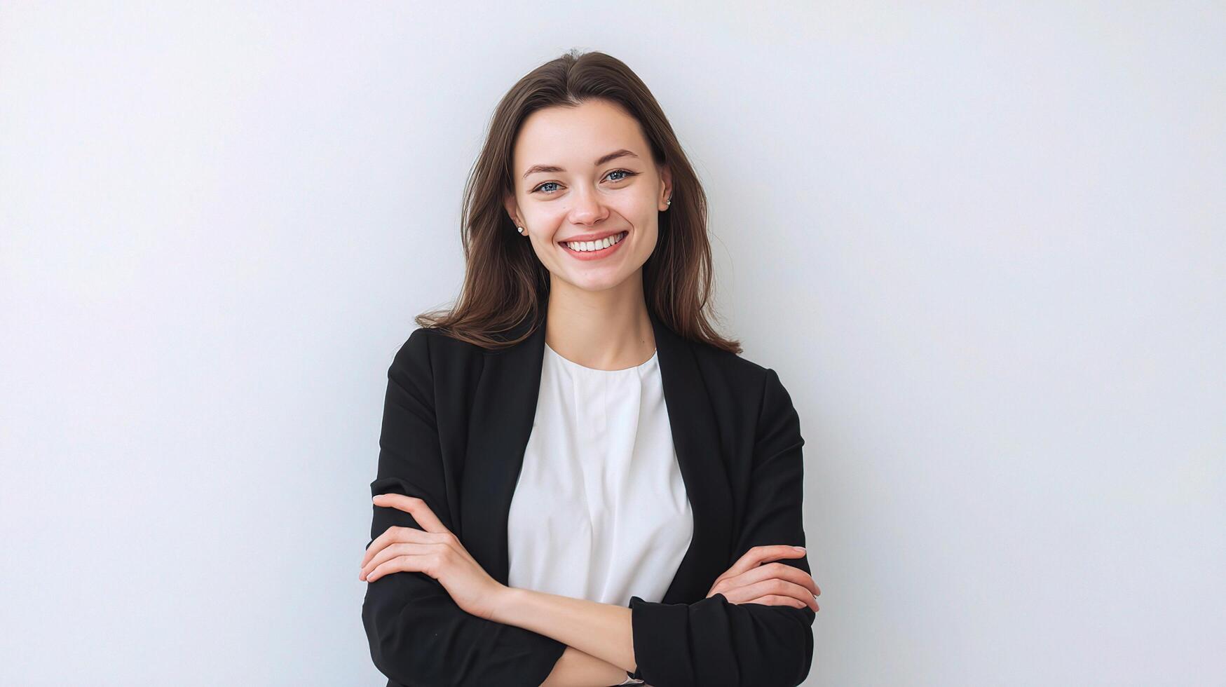 Portrait of a smiling business woman standing against a white background photo