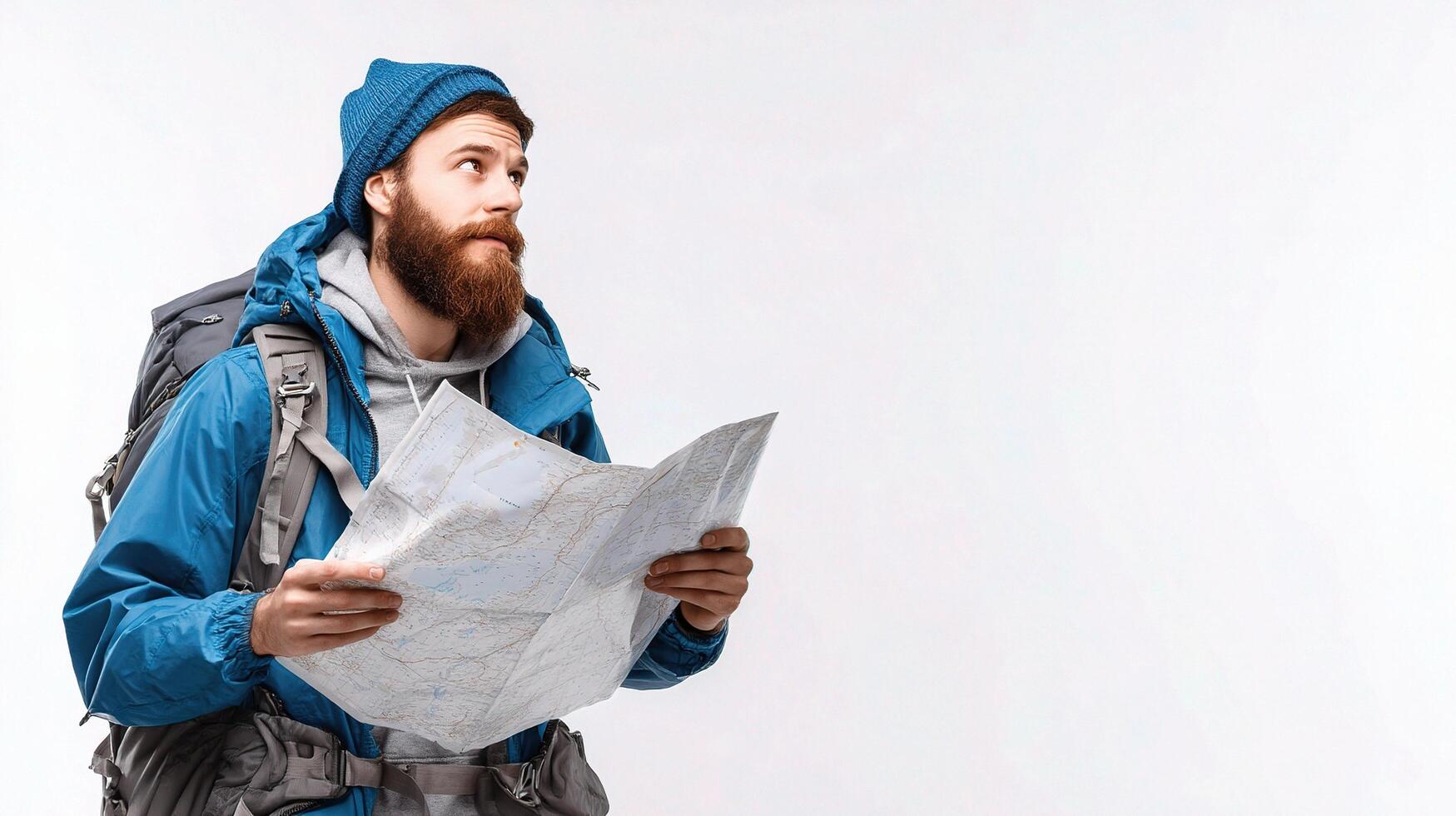 Man with backpack holding map and looking at it photo