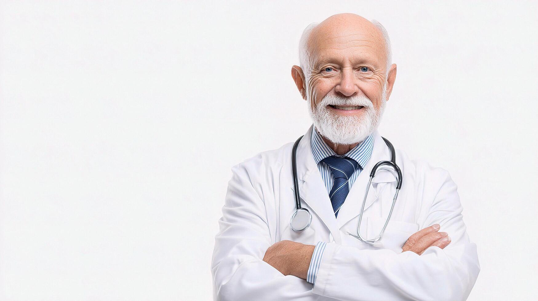An older man in a white coat and tie photo