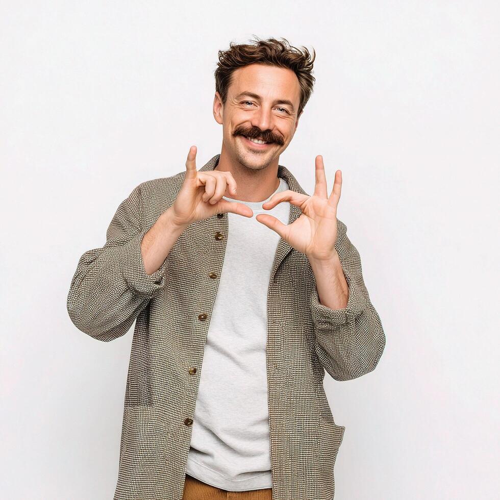 A man with a mustache and jacket making an ok sign photo