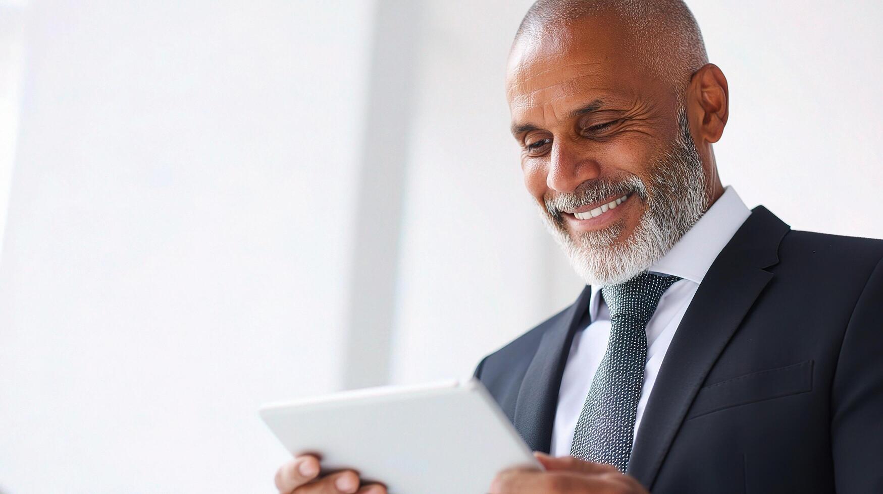 A smiling black man in a suit and tie using a tablet photo