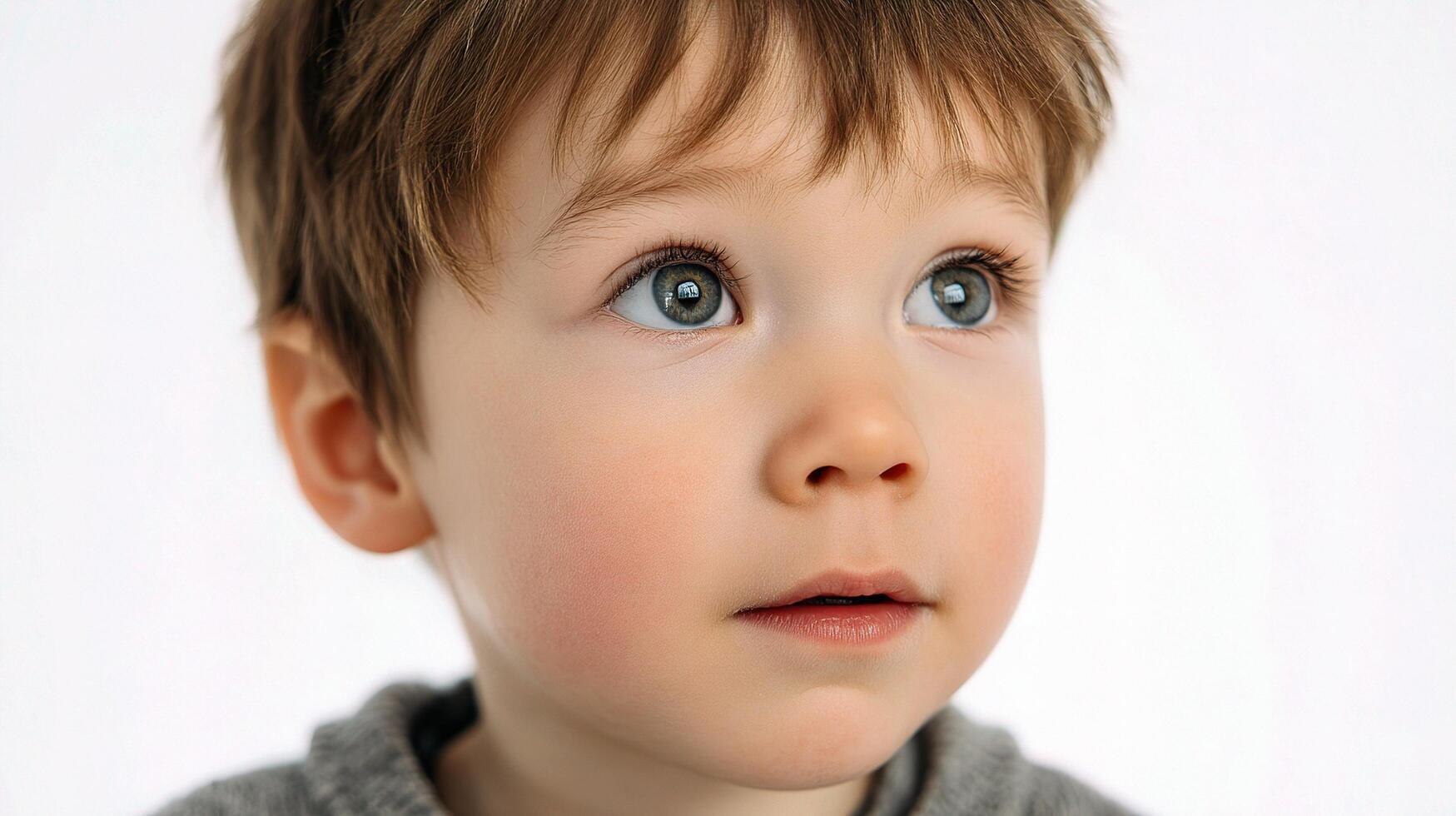A young boy with blue eyes looking up photo