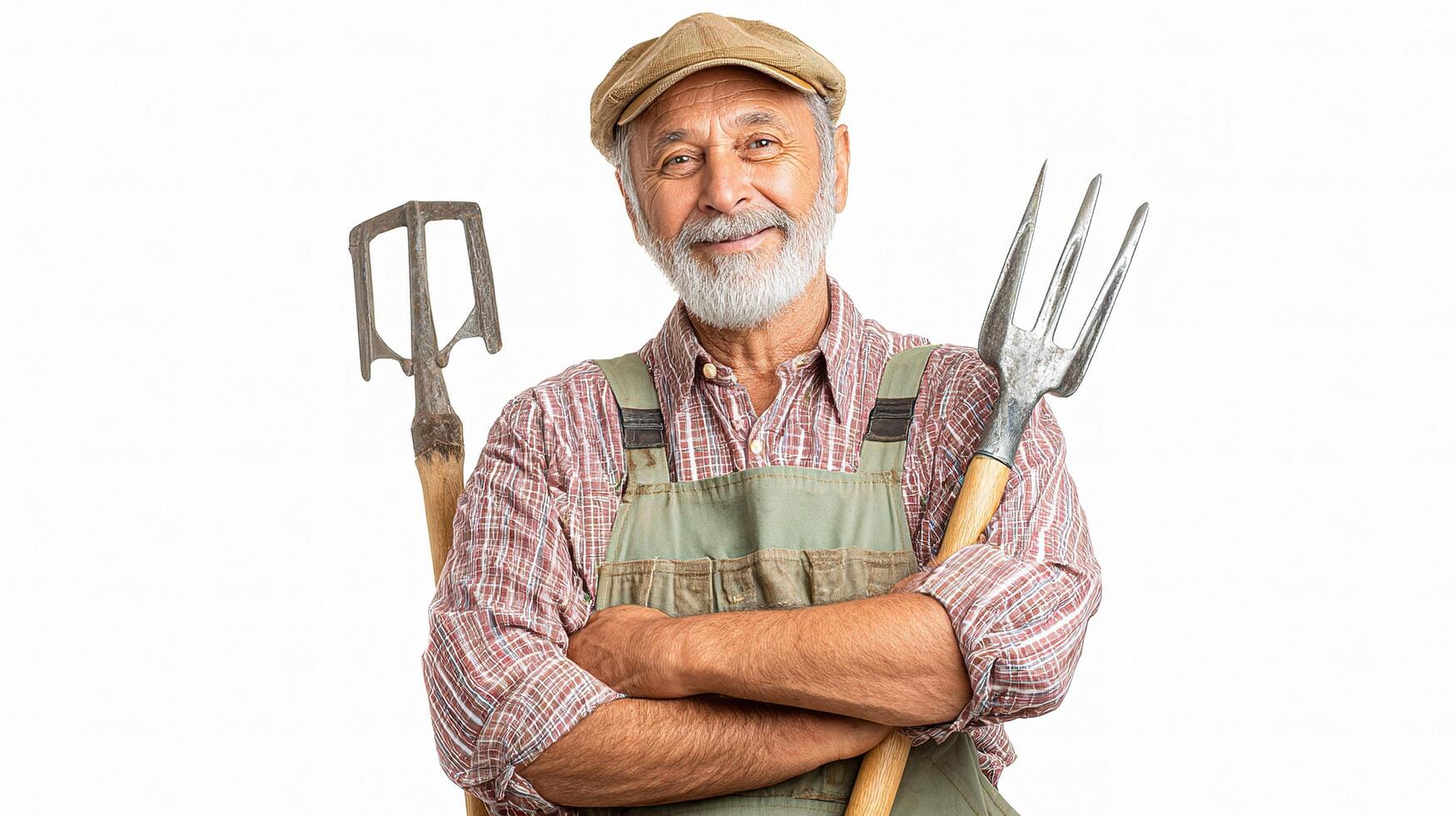 An older man with a beard and a hat holding a pitchfork photo