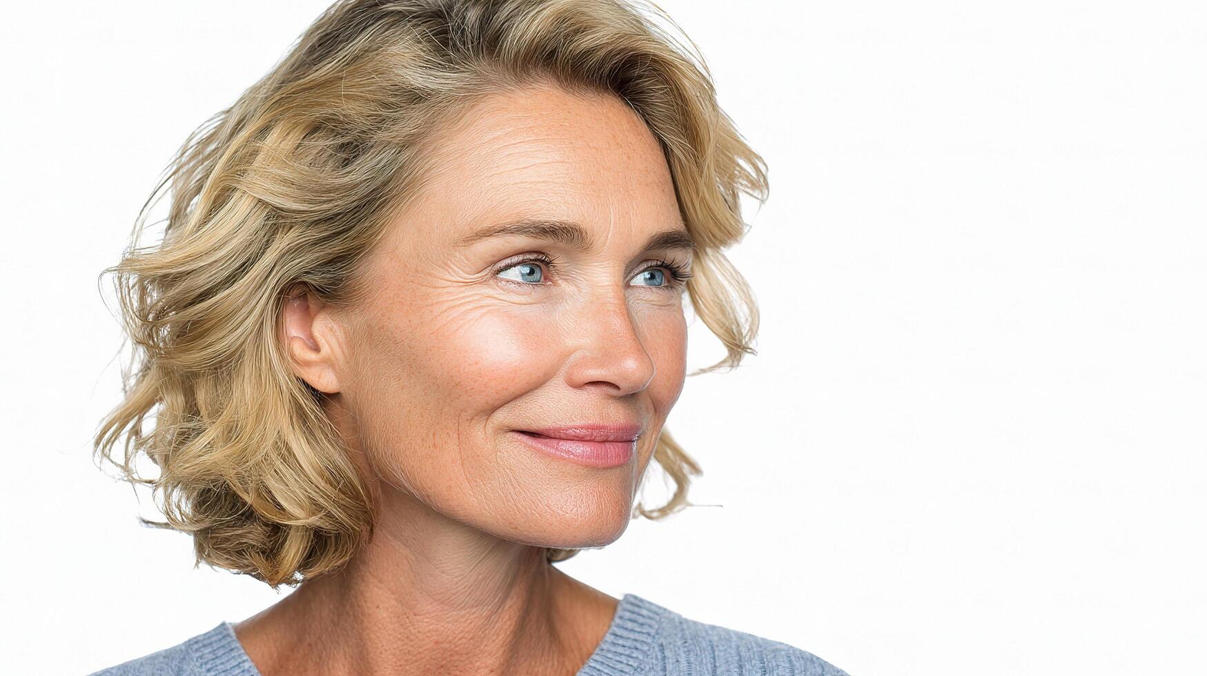 A woman with blonde hair and blue sweater photo