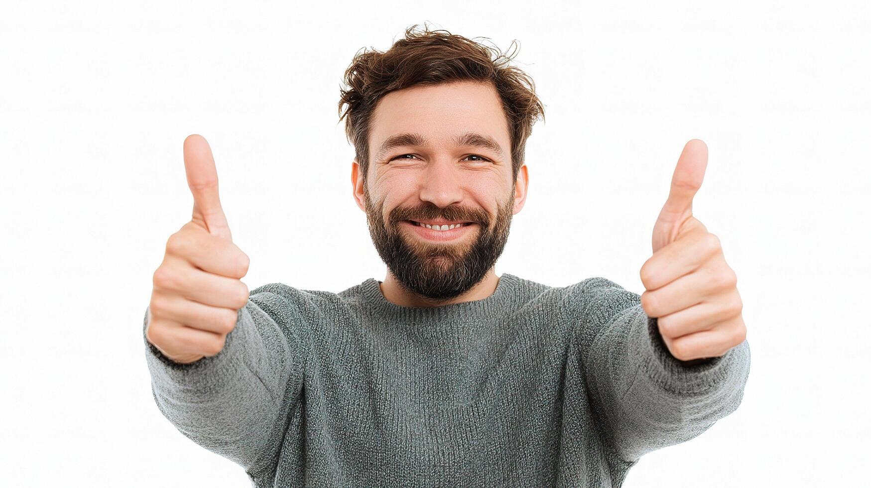 A man with a beard and a grey sweater is giving a thumbs up photo