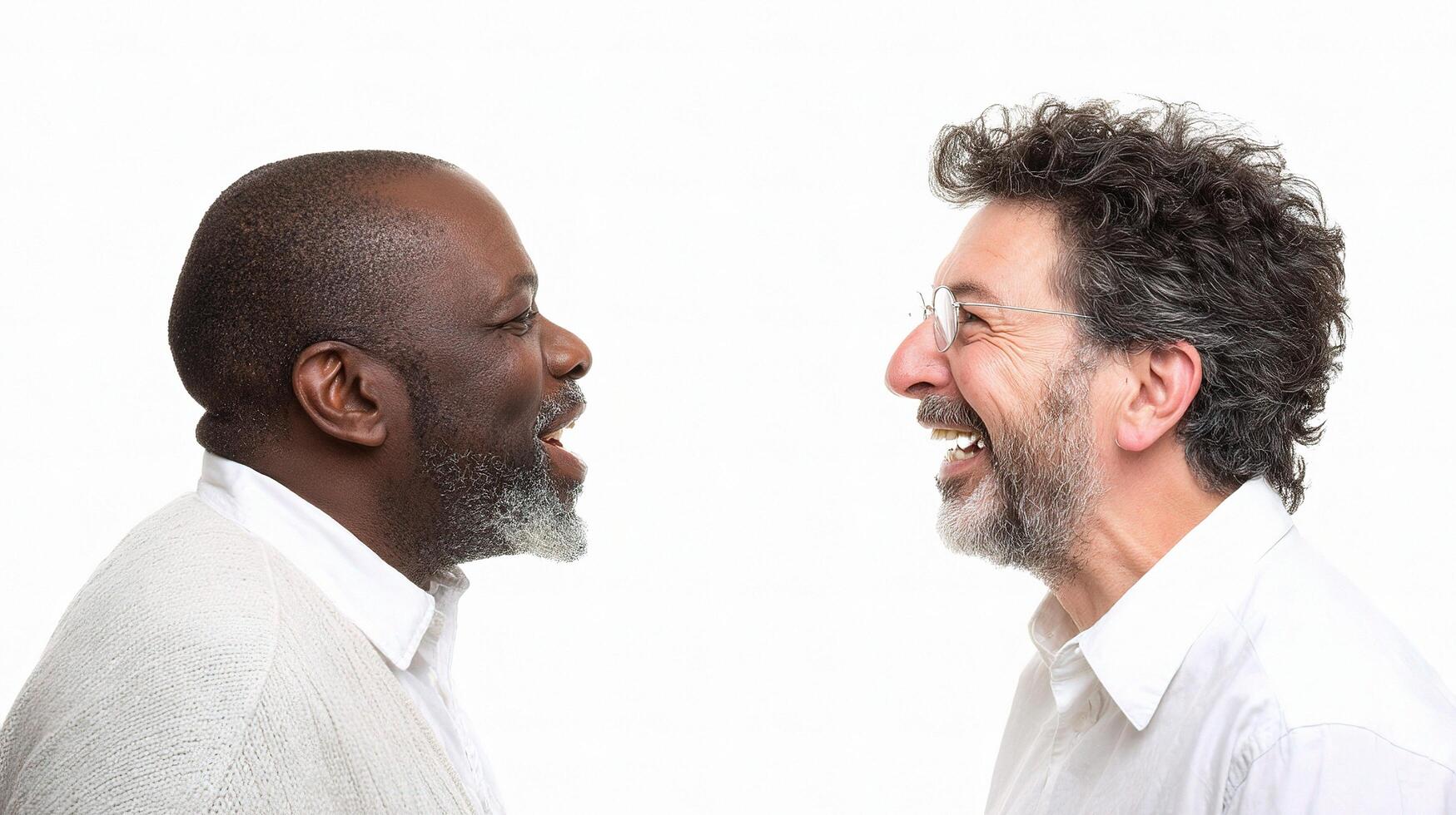 Two men talking to each other, one is smiling photo