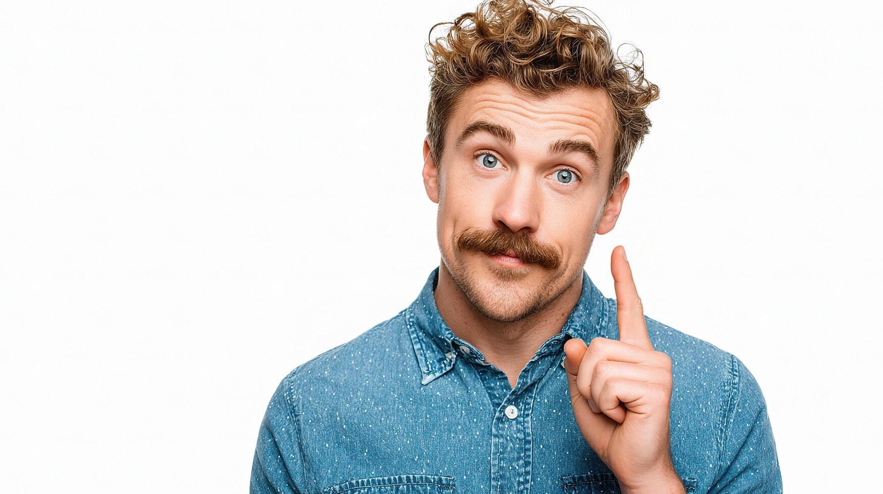 A man with a moustache and a blue shirt is pointing to his finger photo