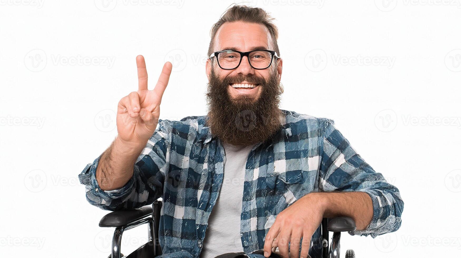 A bearded man in a wheelchair with his hands up photo