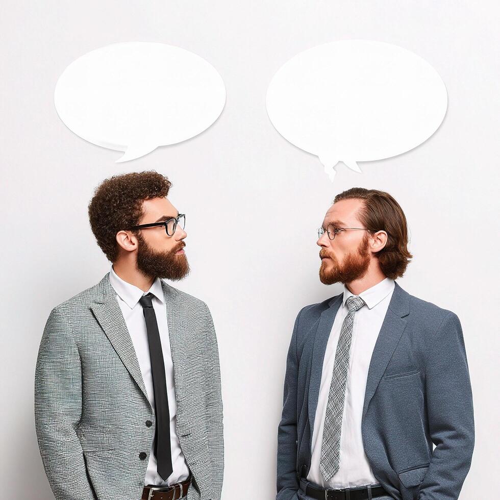 Two men in suits talking with speech bubbles photo