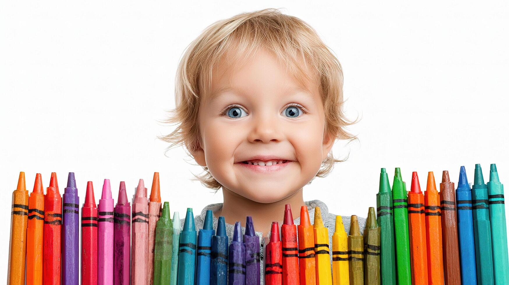 A child is smiling while holding a large pile of crayons photo