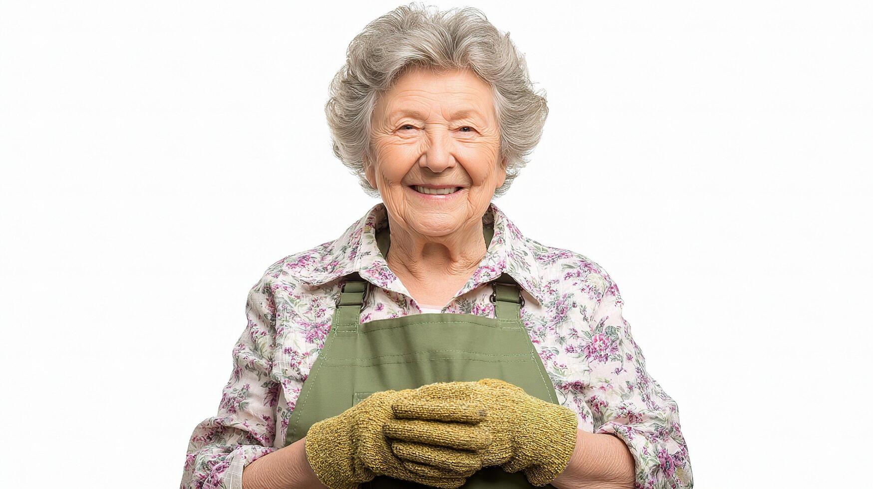 An elderly woman wearing gloves and apron photo