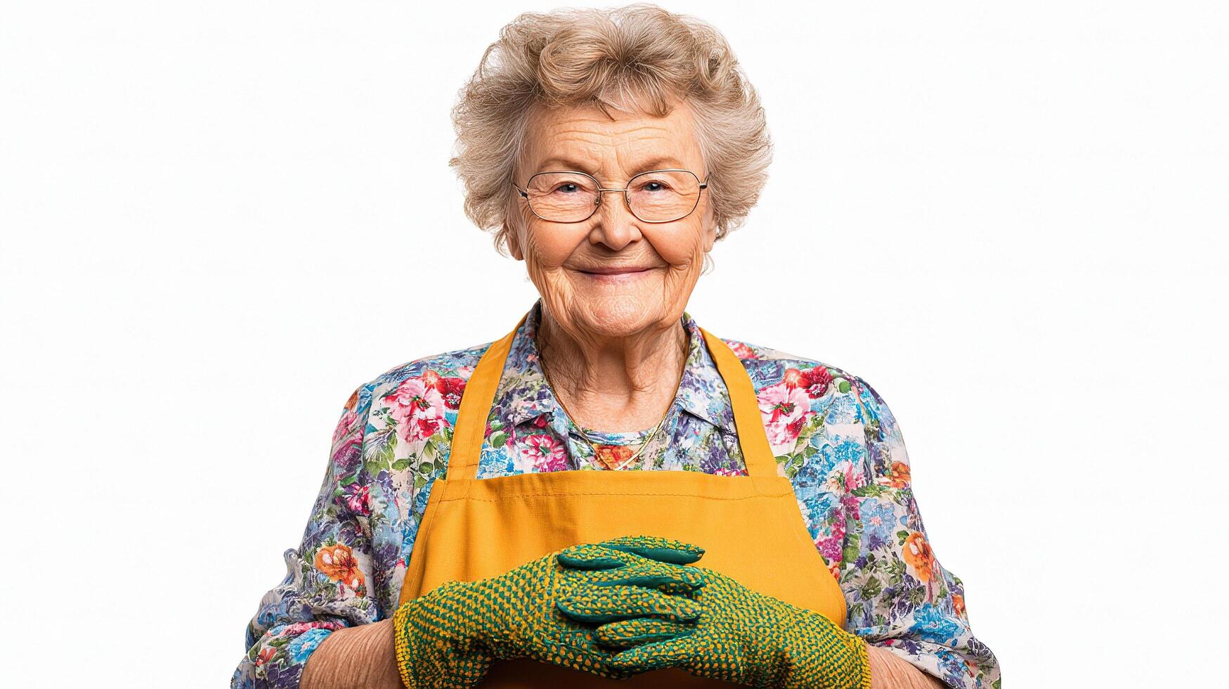An elderly woman wearing apron and gloves photo