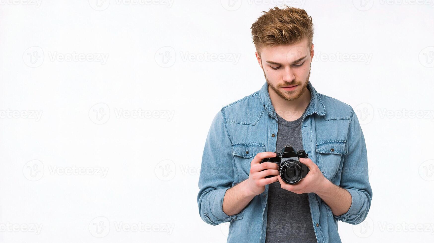 A man holding a camera and looking at it photo