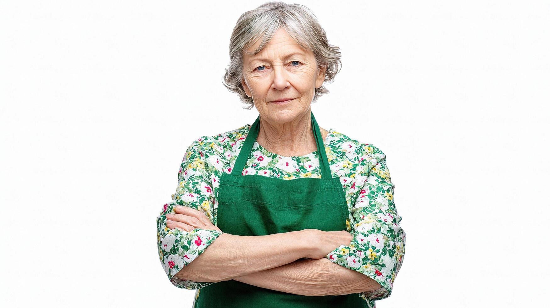 An older woman with a green apron and apron photo