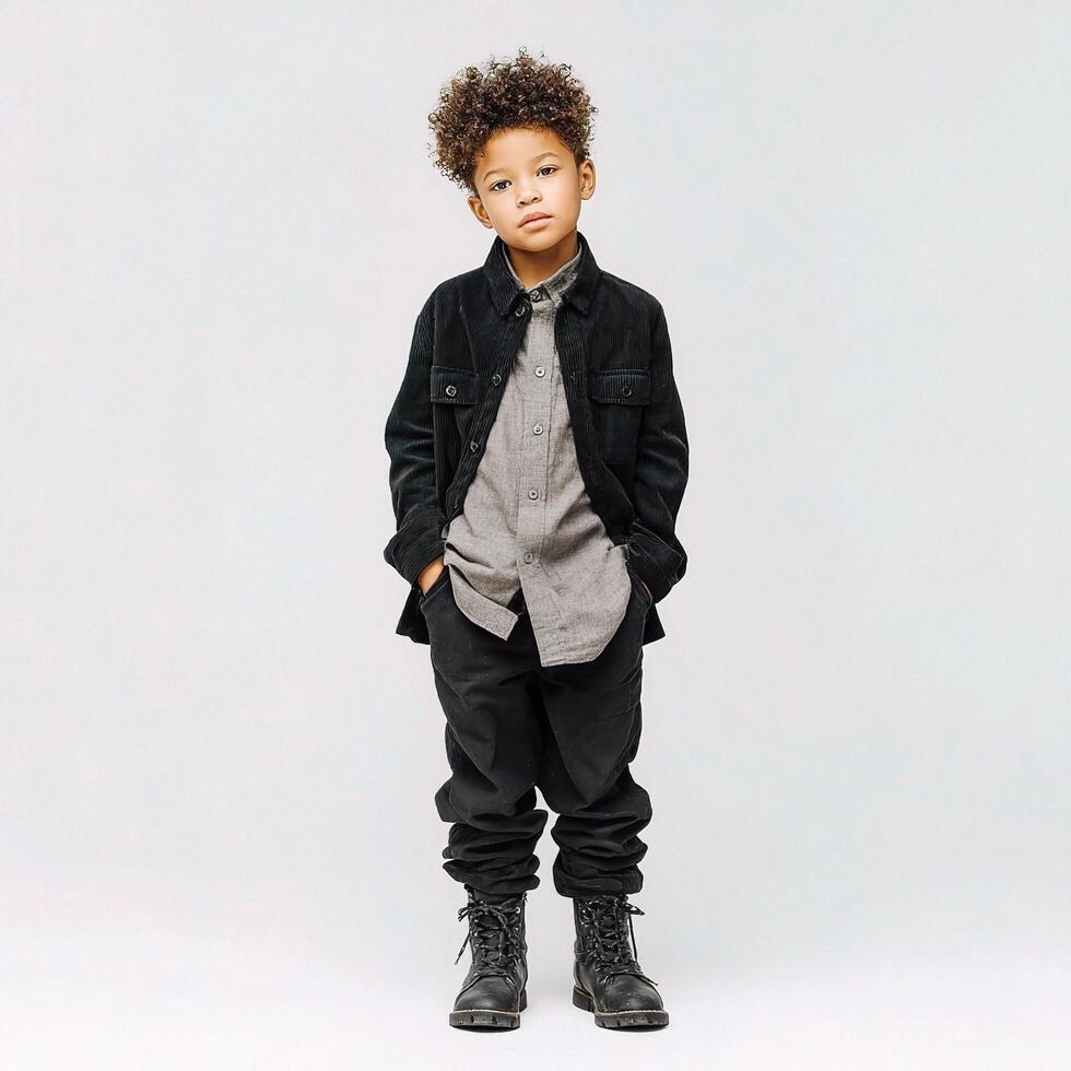A young boy wearing a jacket and pants photo