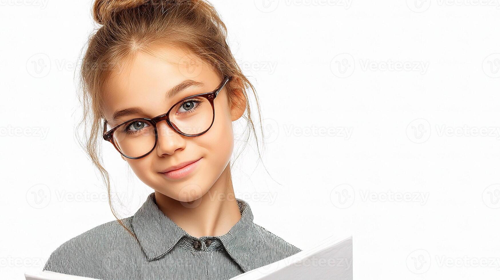 A girl with glasses is reading a book photo