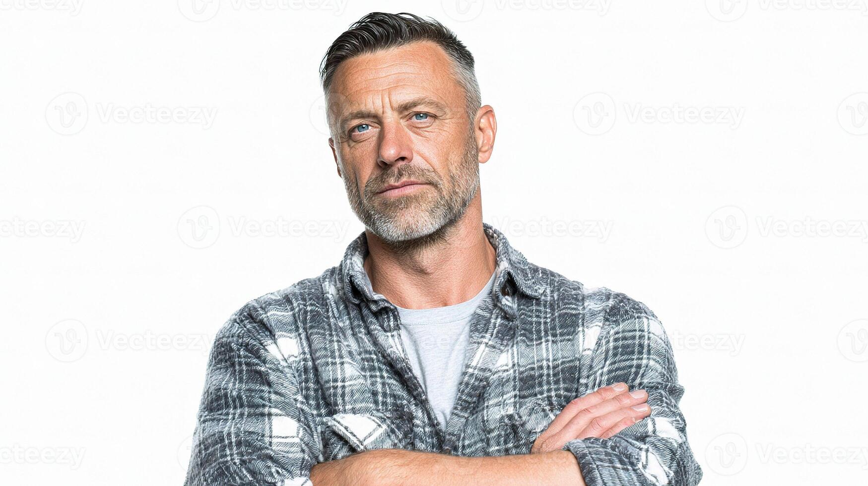 A man with his arms crossed and wearing a plaid shirt photo