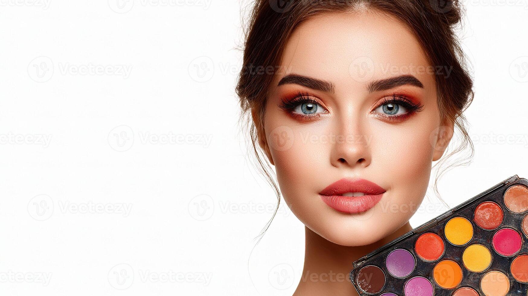 Beautiful woman holding makeup palette and looking at camera photo