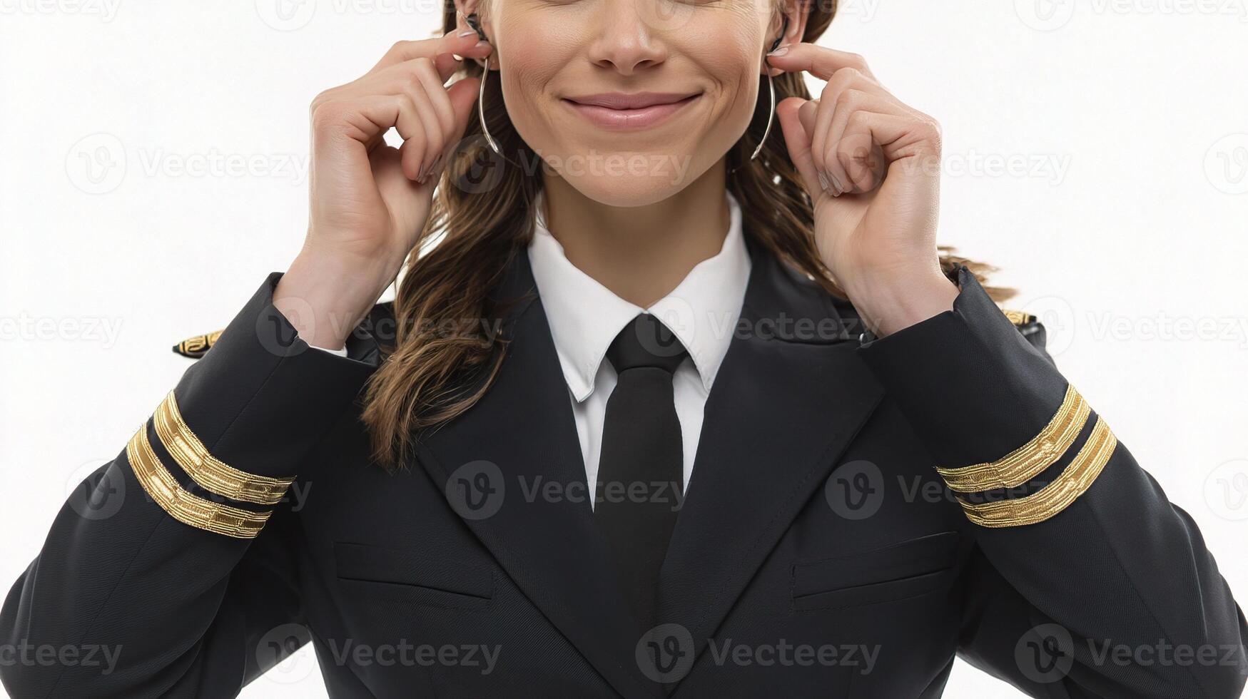 A woman in a uniform is holding her ear photo