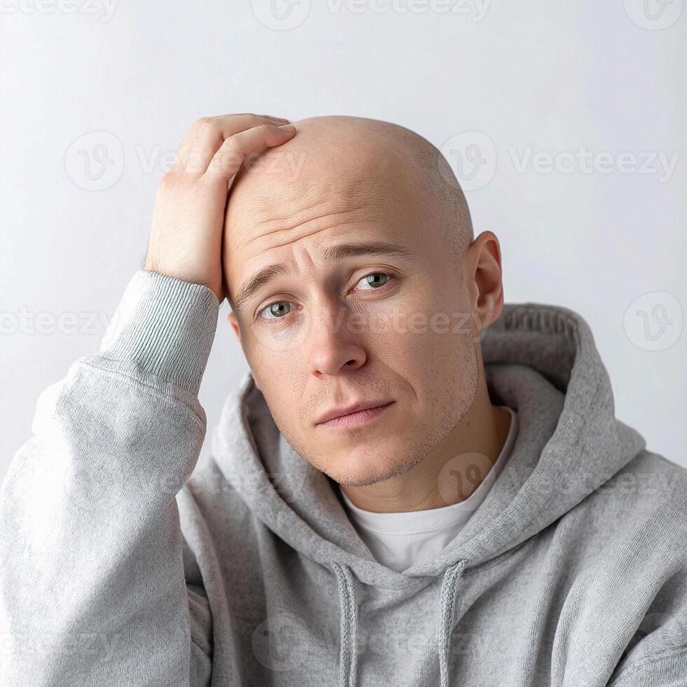 A bald man in a grey sweatshirt photo