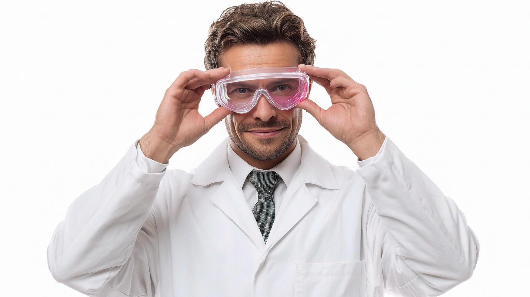 A man in a lab coat is holding up two goggles photo