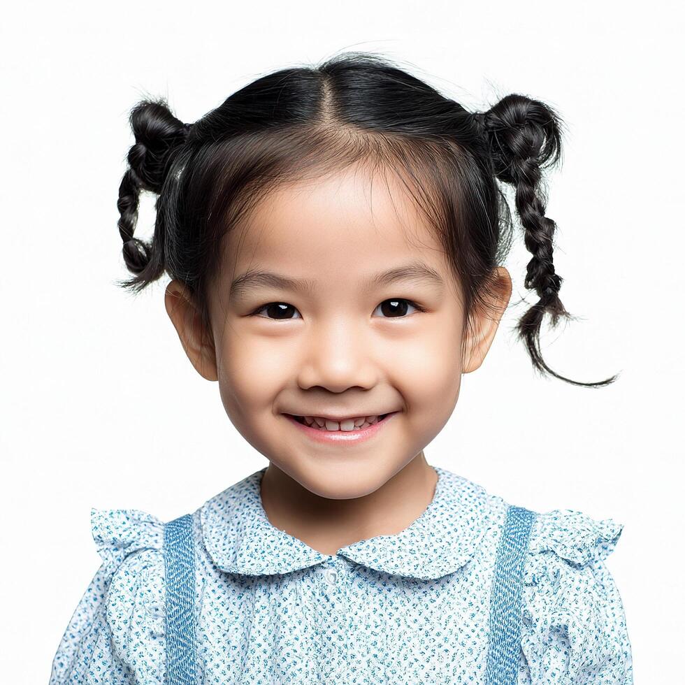 A little girl with pigtails and a blue dress photo