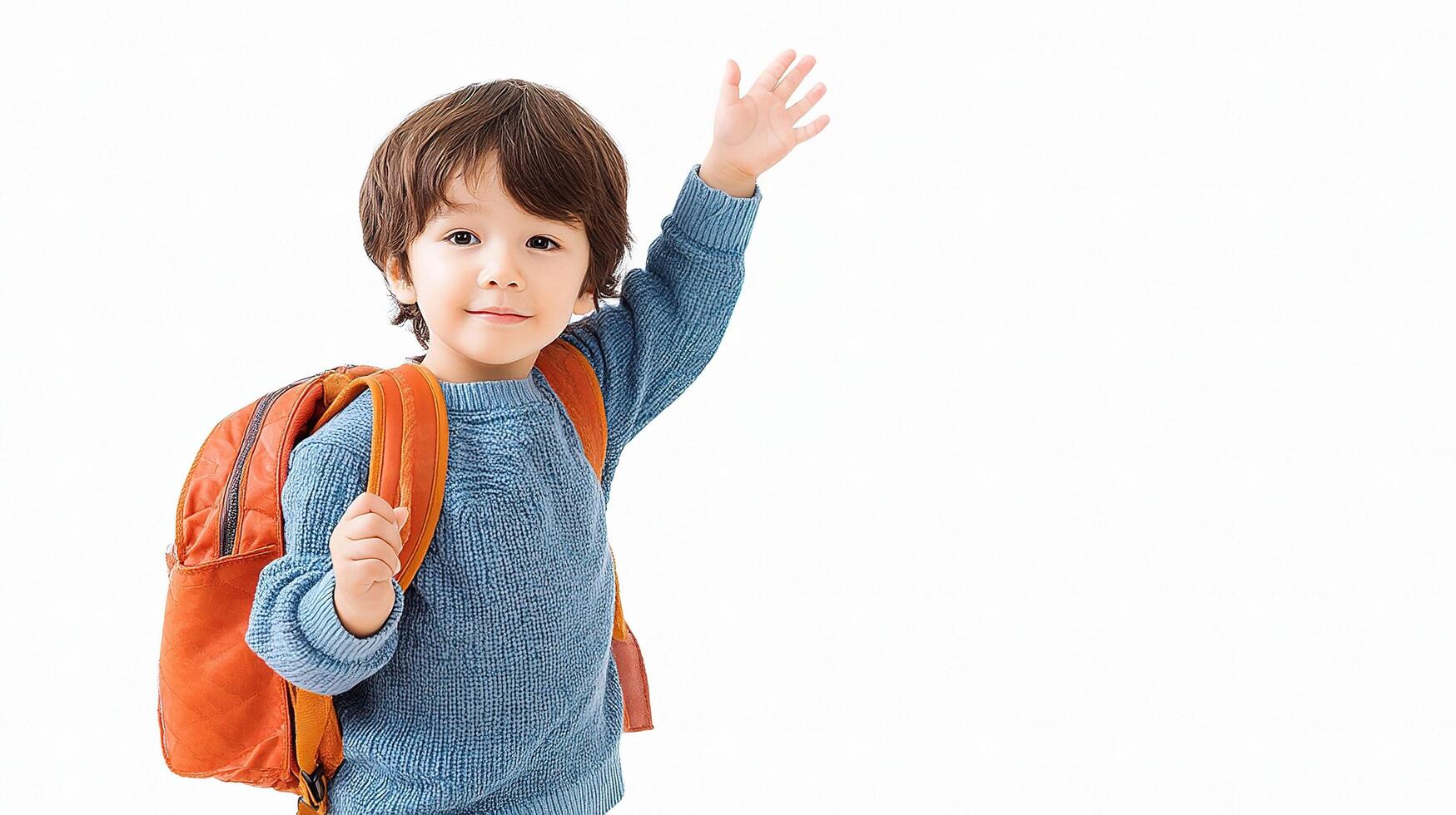 A young boy with a backpack waving photo