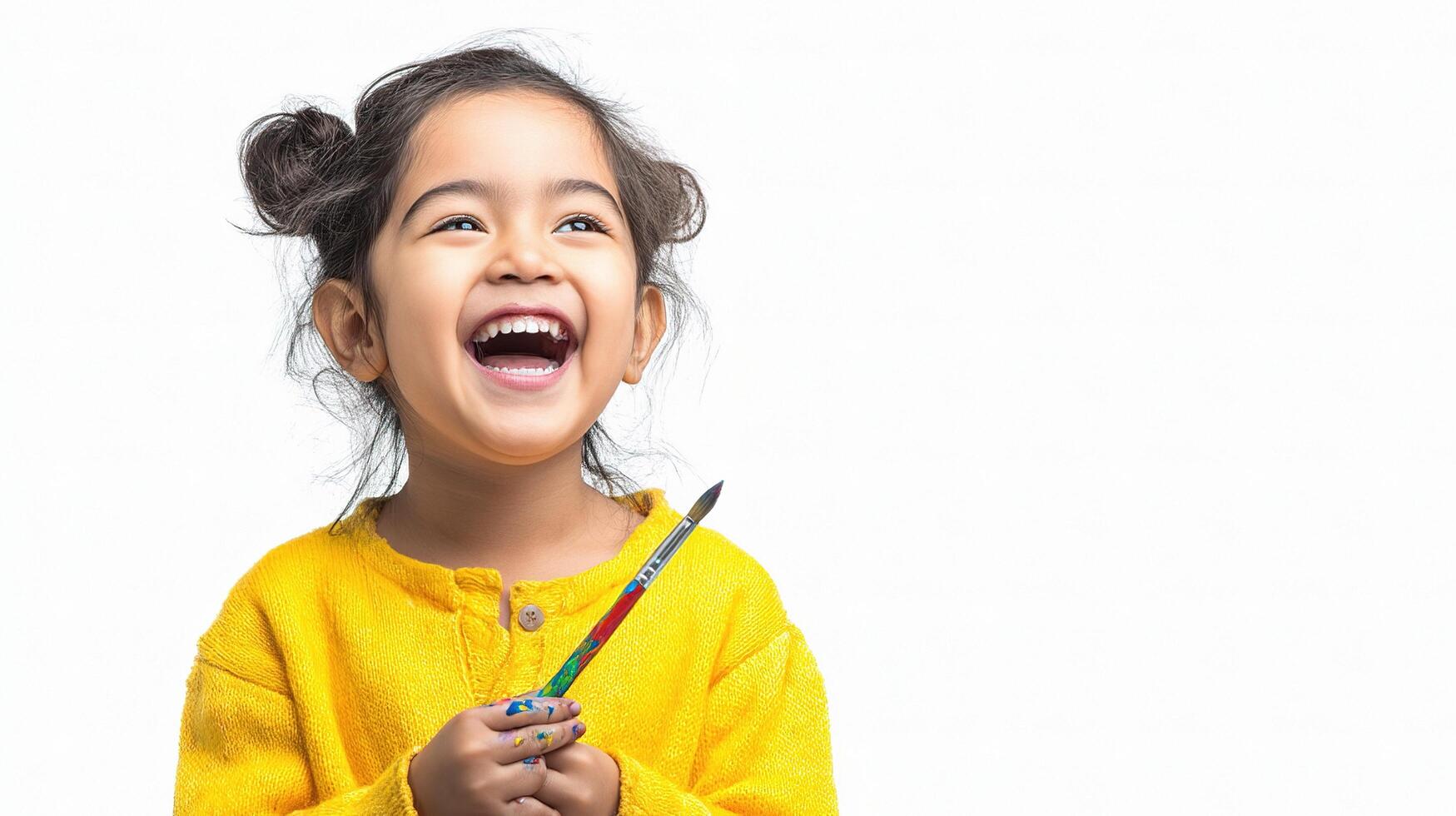 A little girl is holding a pencil and smiling photo