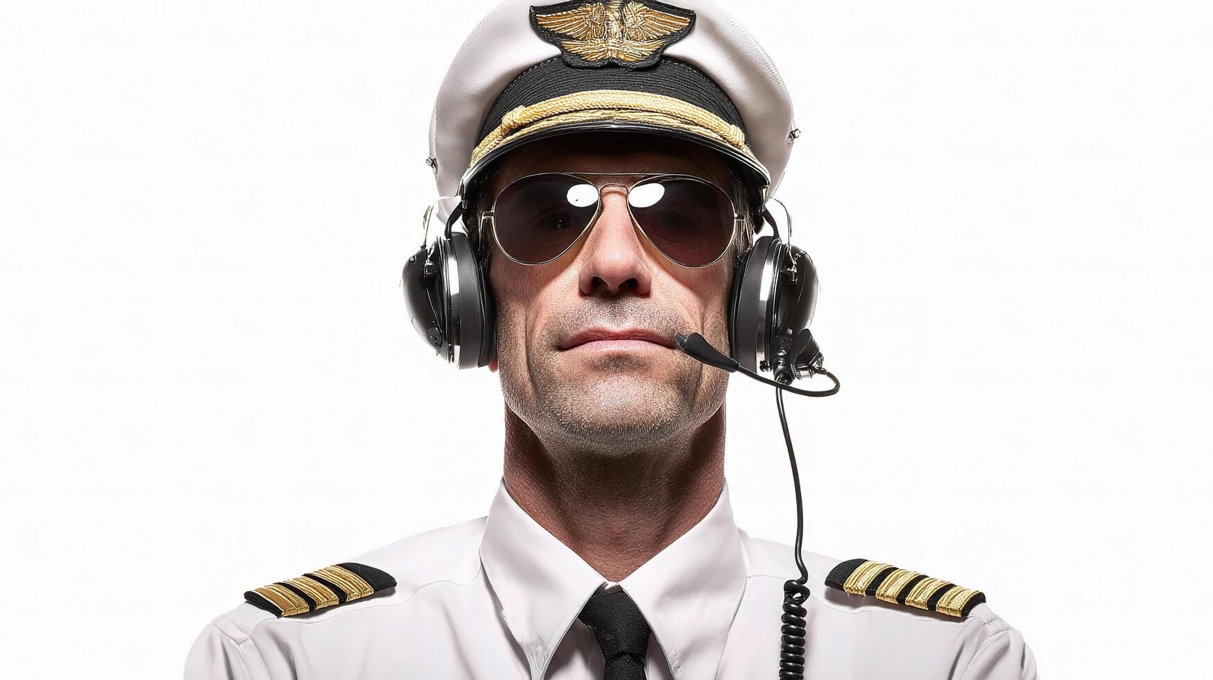 A man in a pilot's uniform with headphones on photo