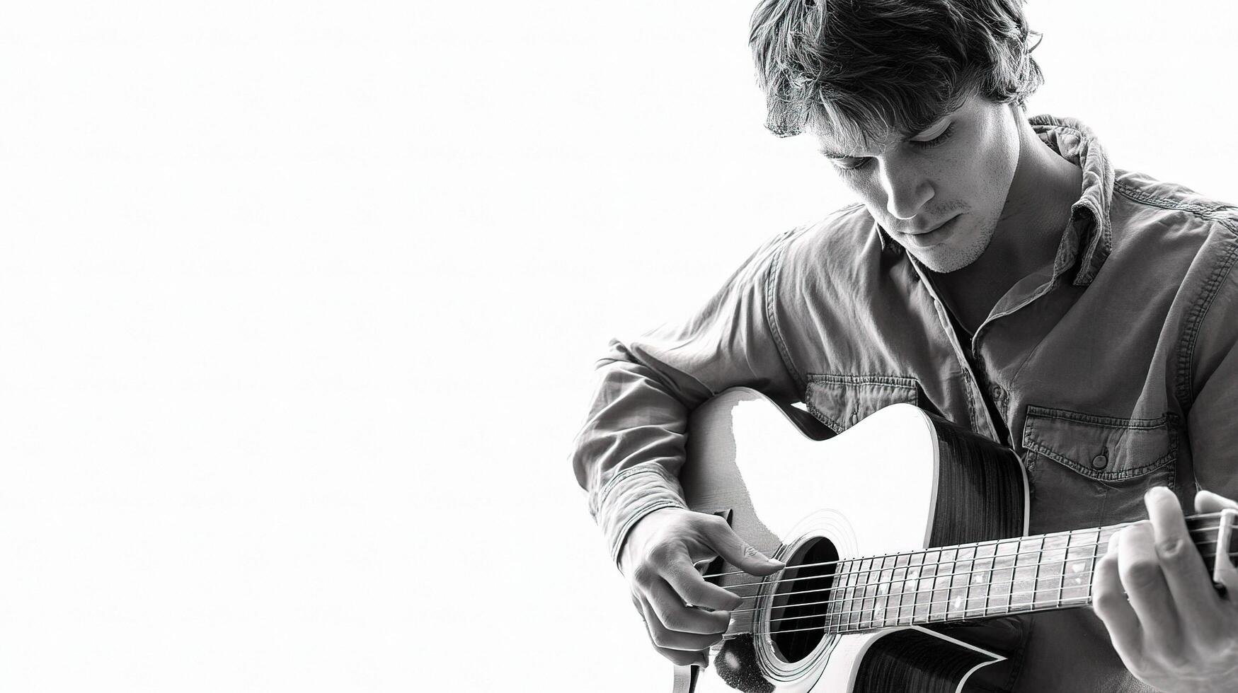 A man is playing an acoustic guitar in black and white photo