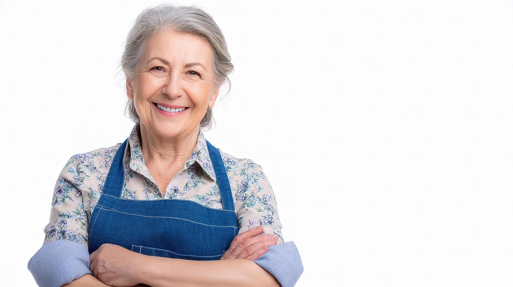 An older woman with an apron and blue shirt photo