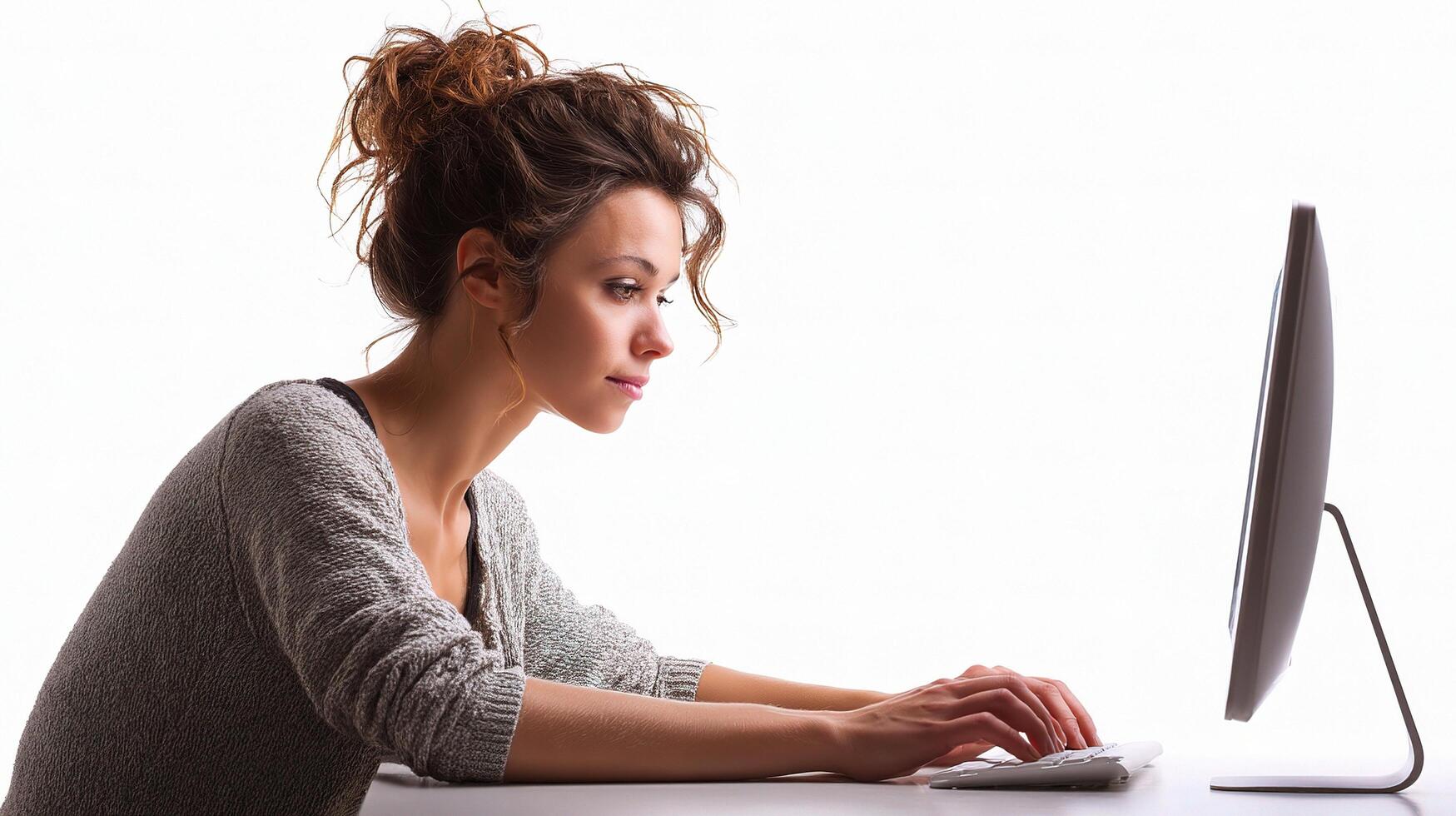 A woman is sitting at a desk using a computer photo