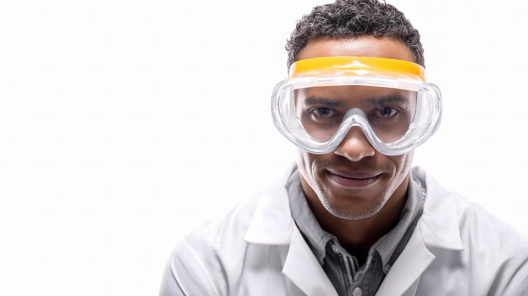 A man in a lab coat and goggles photo