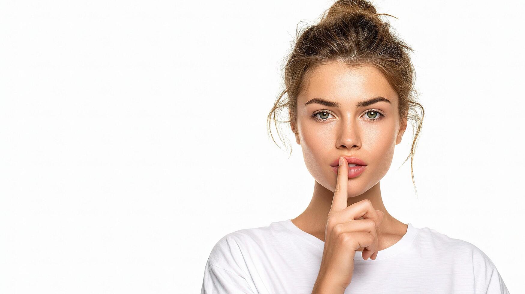 A woman is holding her finger to her lips photo