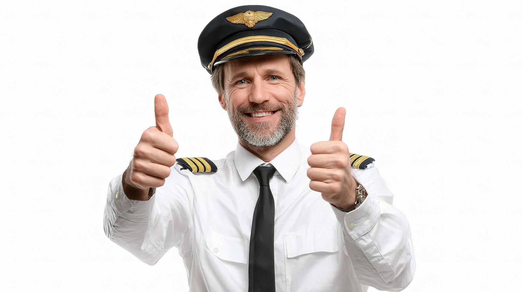 A man in a pilot's uniform giving the thumbs up photo