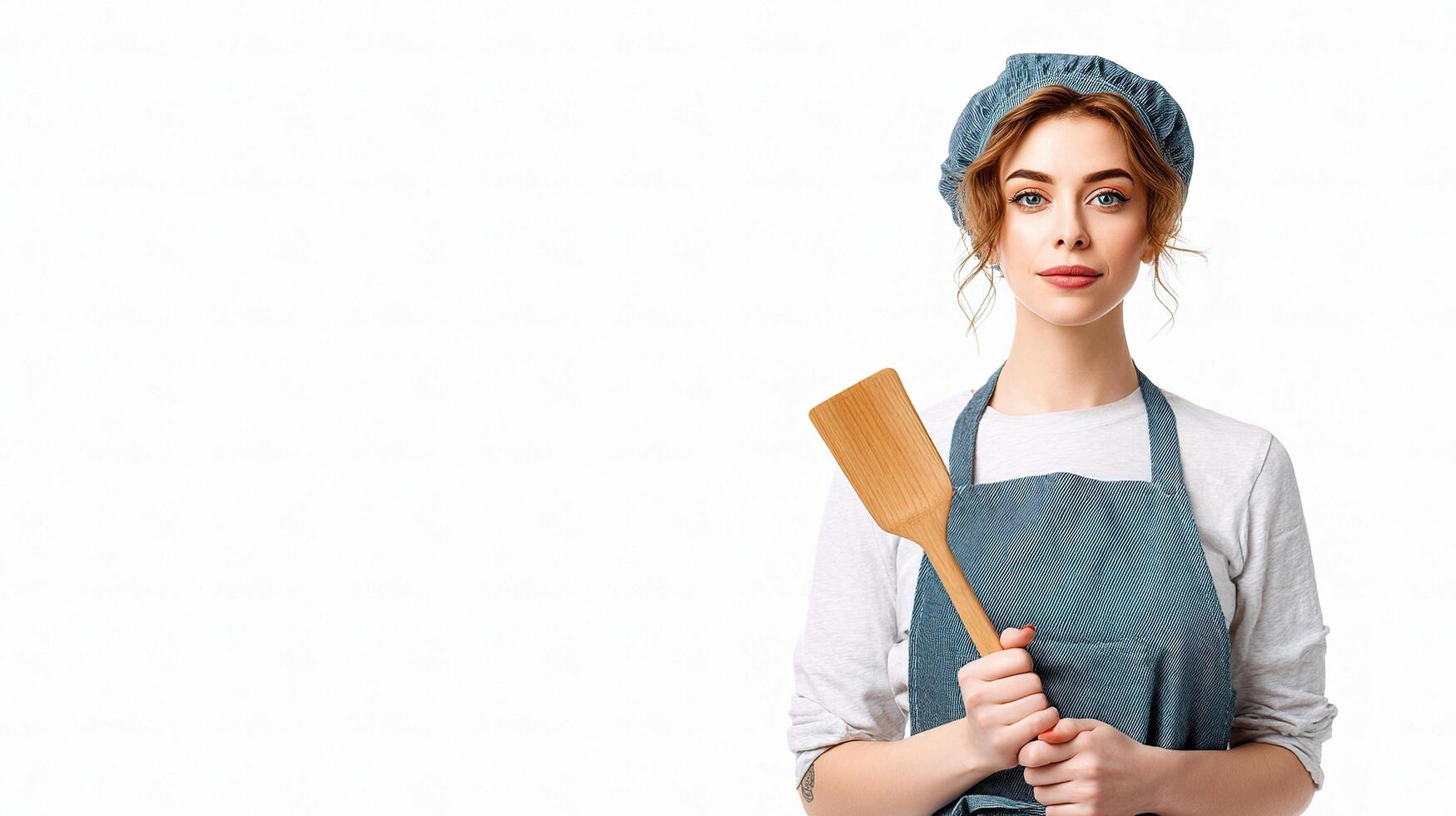A woman in an apron holding a wooden spoon photo