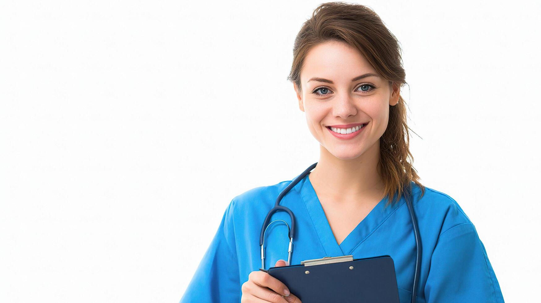 A smiling female nurse holding a clipboard photo