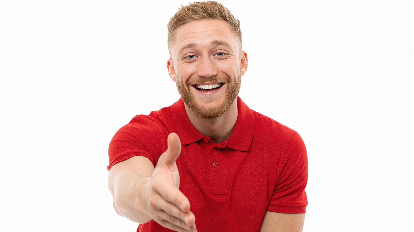 A man in a red polo shirt is giving a thumbs up photo