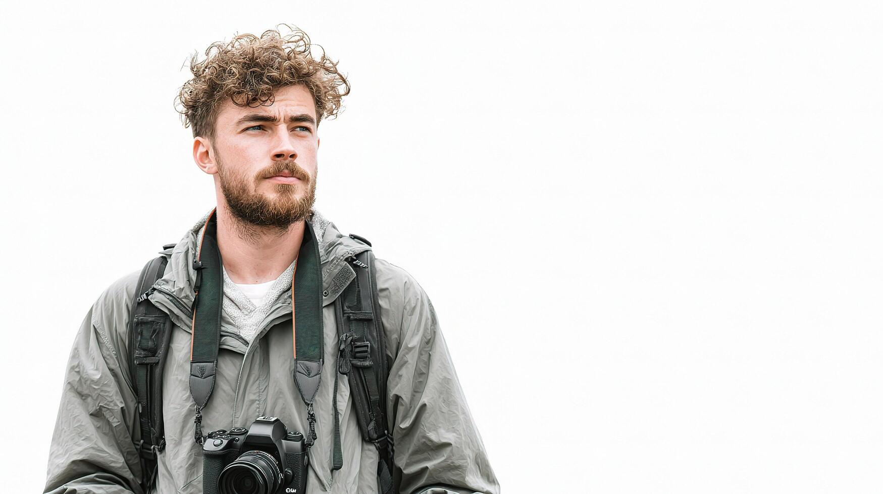 A man with a camera and backpack standing in front of a white background photo