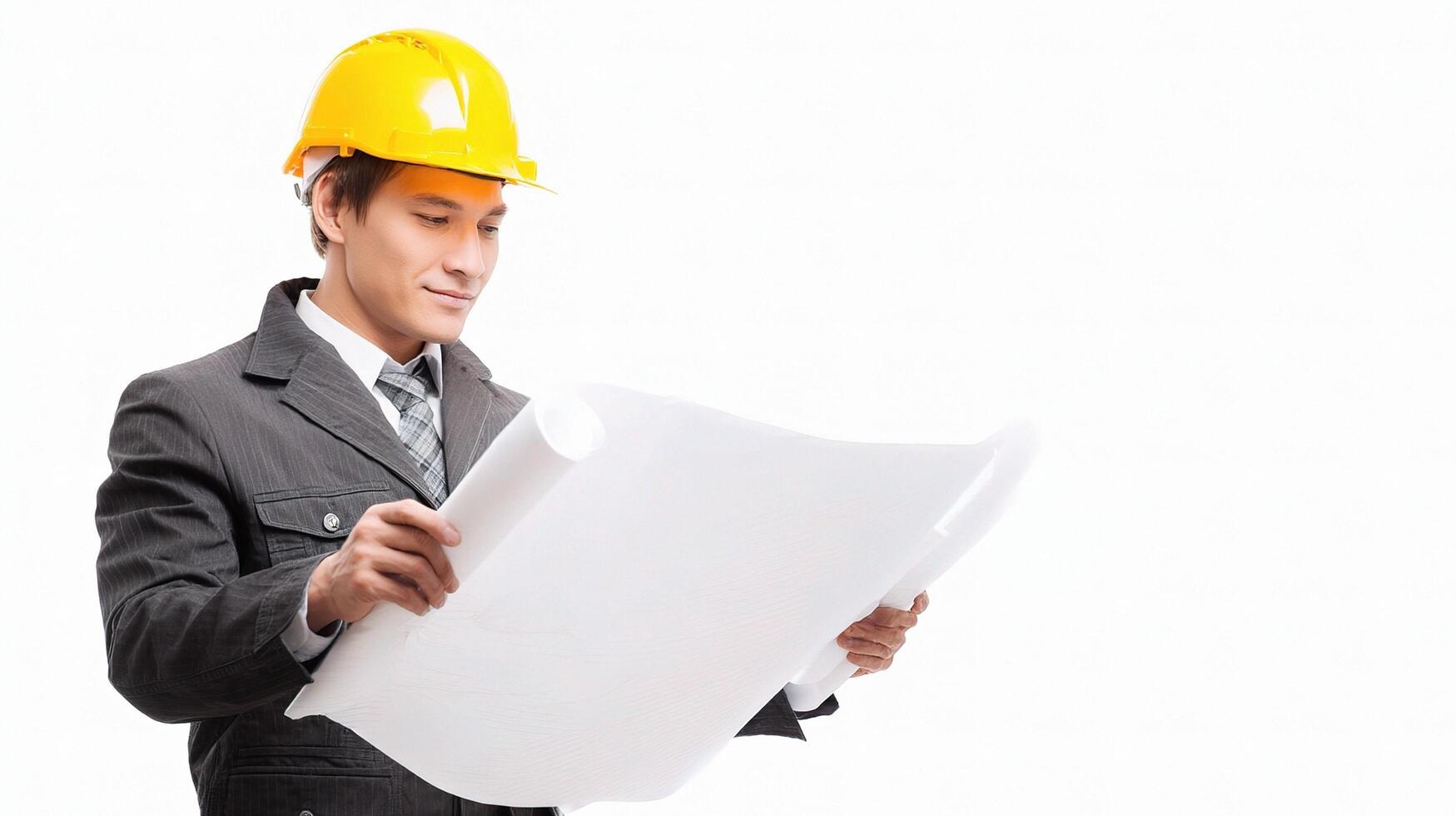 A man in a suit and hard hat holding a blueprint photo